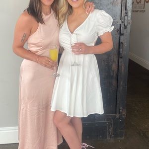 Bridal shower dress! White, fit and flare, partial open back. Perfect for bride